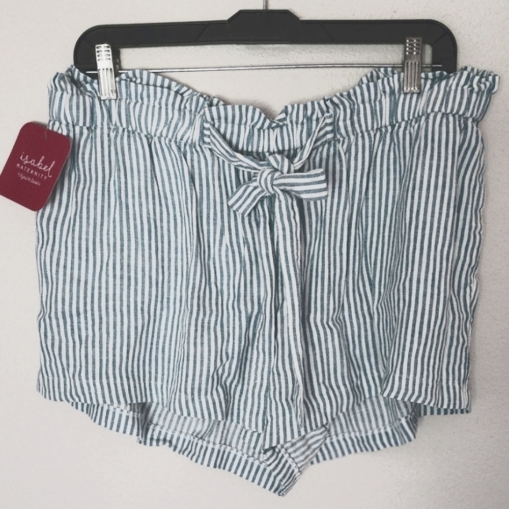 Ingrid & Isabel Women's Maternity Shorts Blue Striped Pull-on Tie Front Sz M